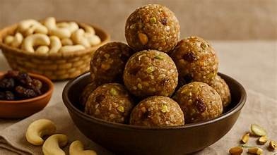 Traditional dry fruit laddu box with cashews, almonds and pistachios from Rajasthan