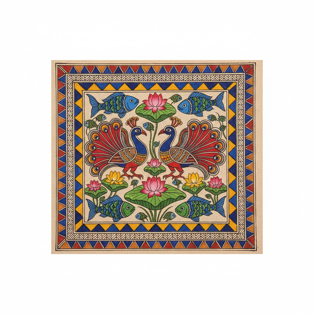 Original hand-painted Madhubani artwork on handmade paper from Bihar